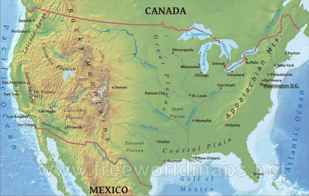 montanhas no mapa dos Estados Unidos
