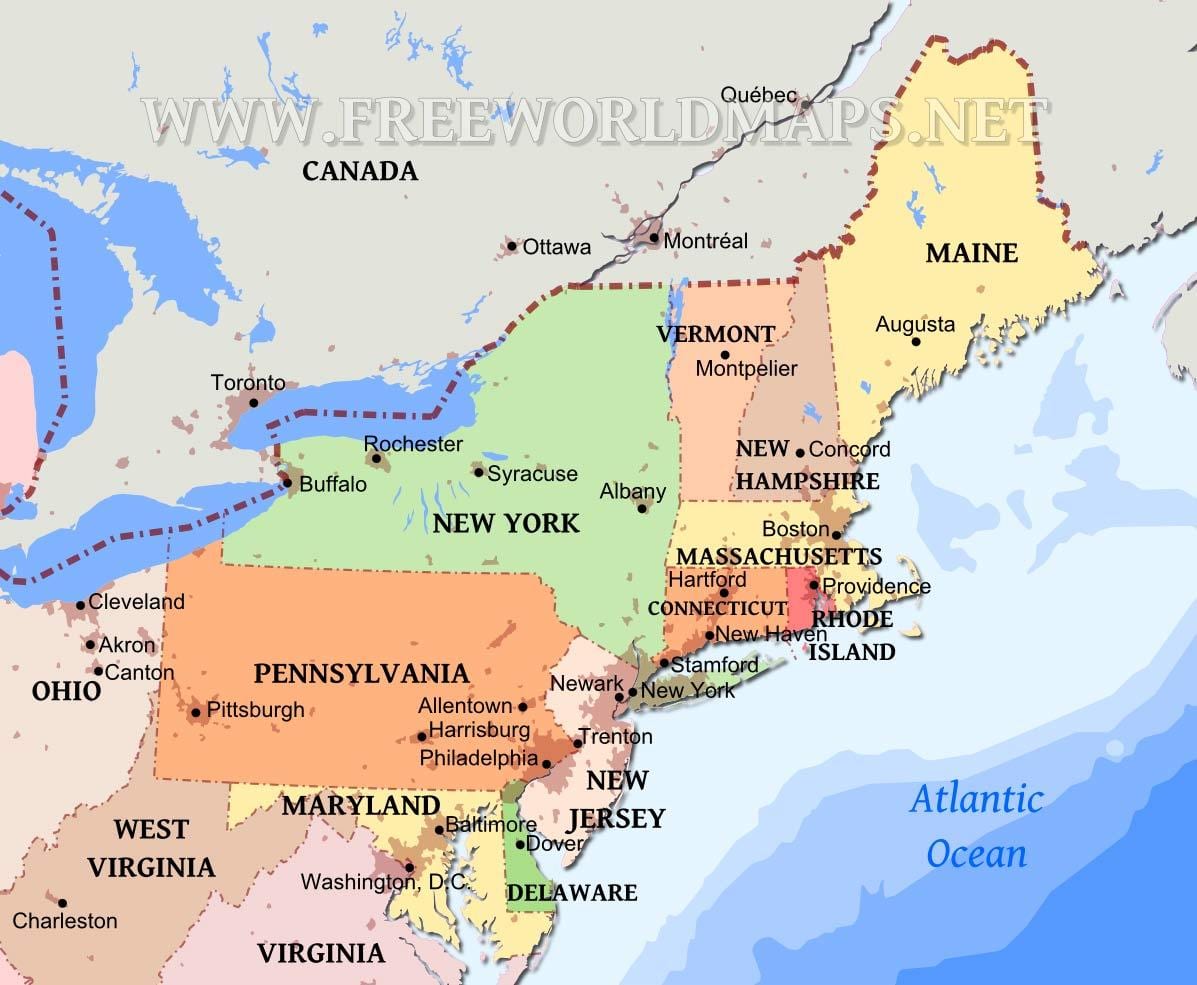 mapa da região nordeste do Estados Unidos, com as cidades