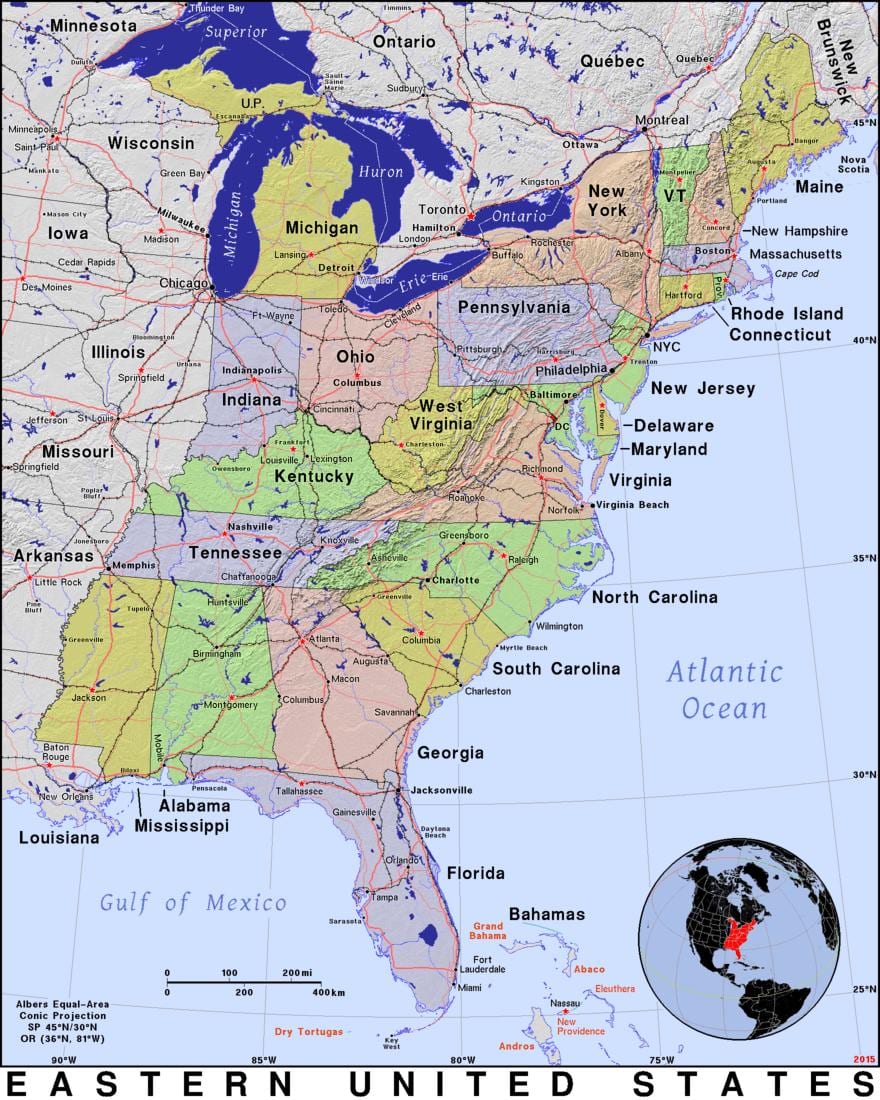 mapa leste dos EUA