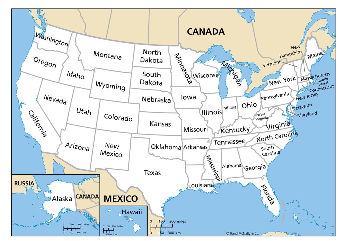 mapa dos Estados Unidos com nomes de Estado