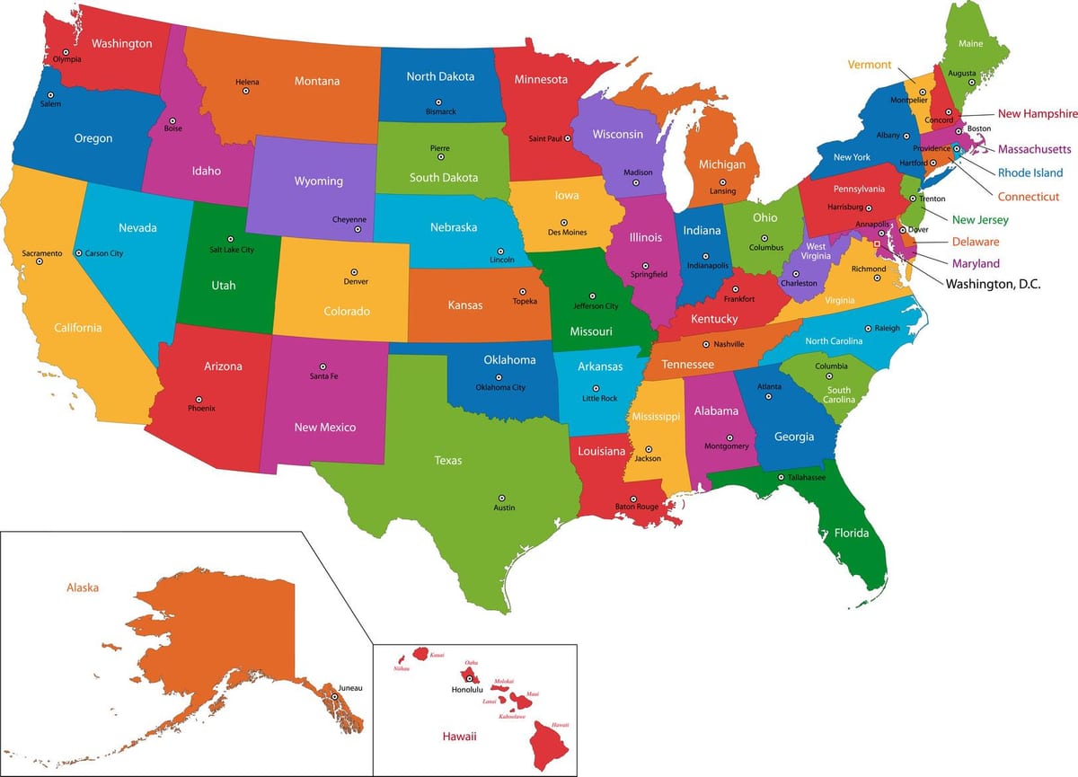 mapa dos estados unidos da américa com Estados e capitais