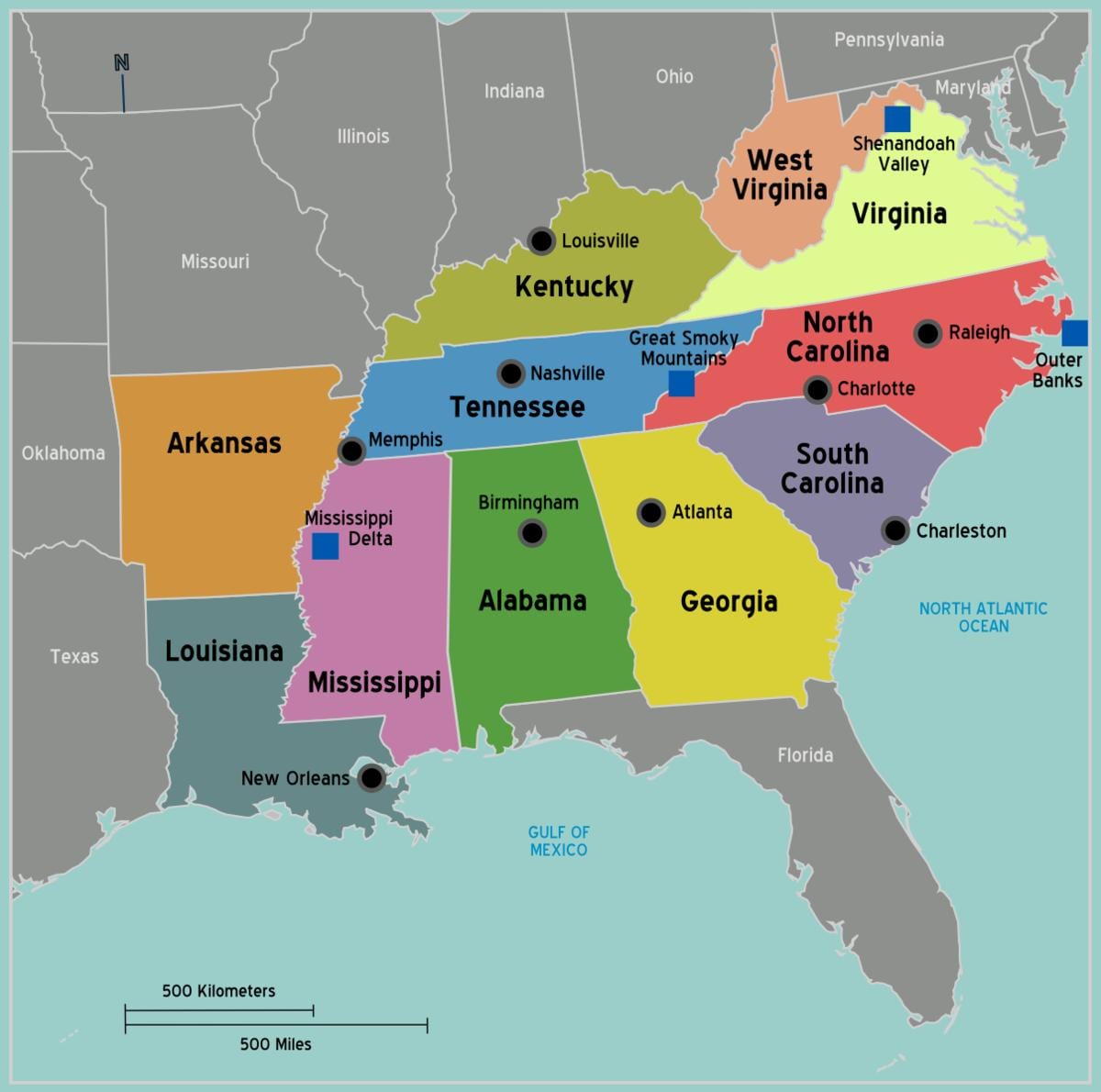 mapa do sul dos estados unidos