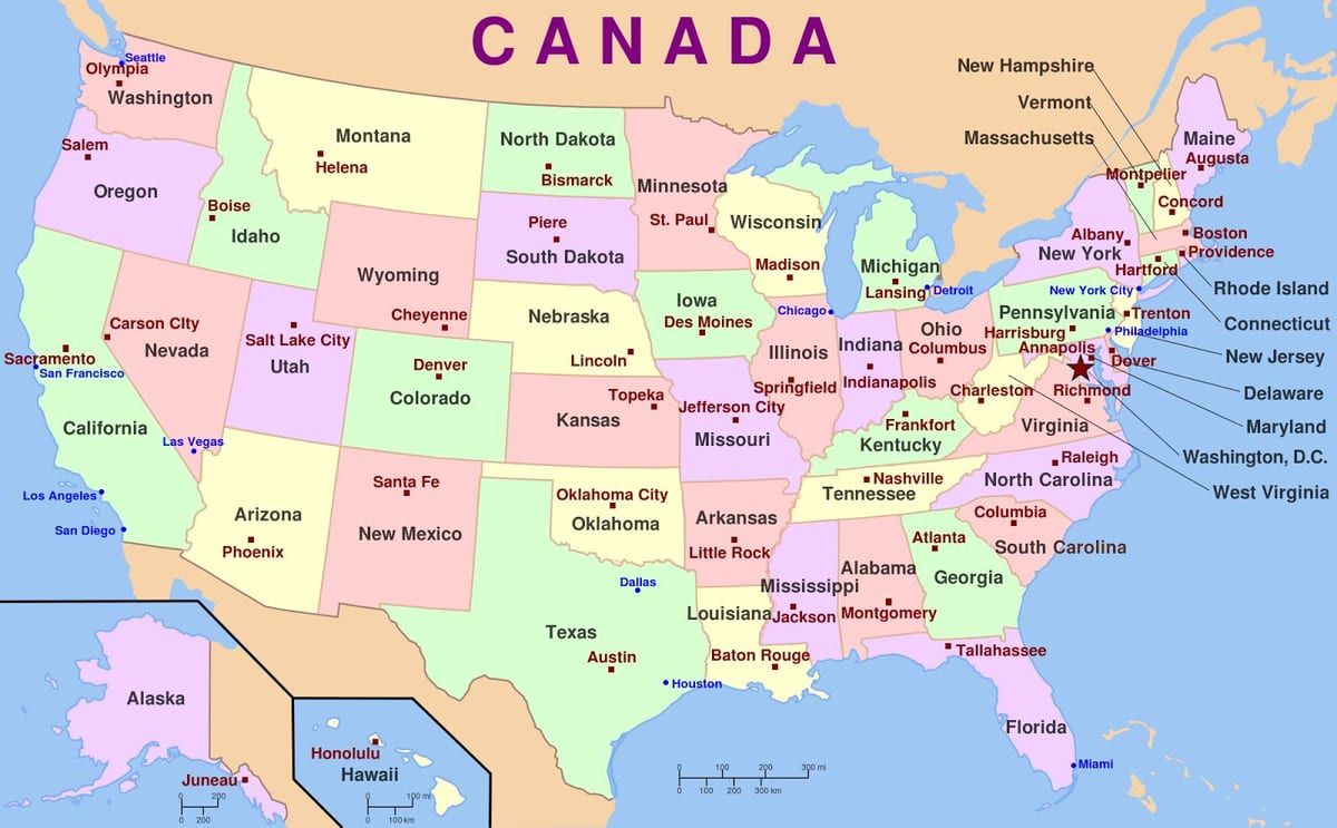 mapa dos estados unidos da américa com capitais