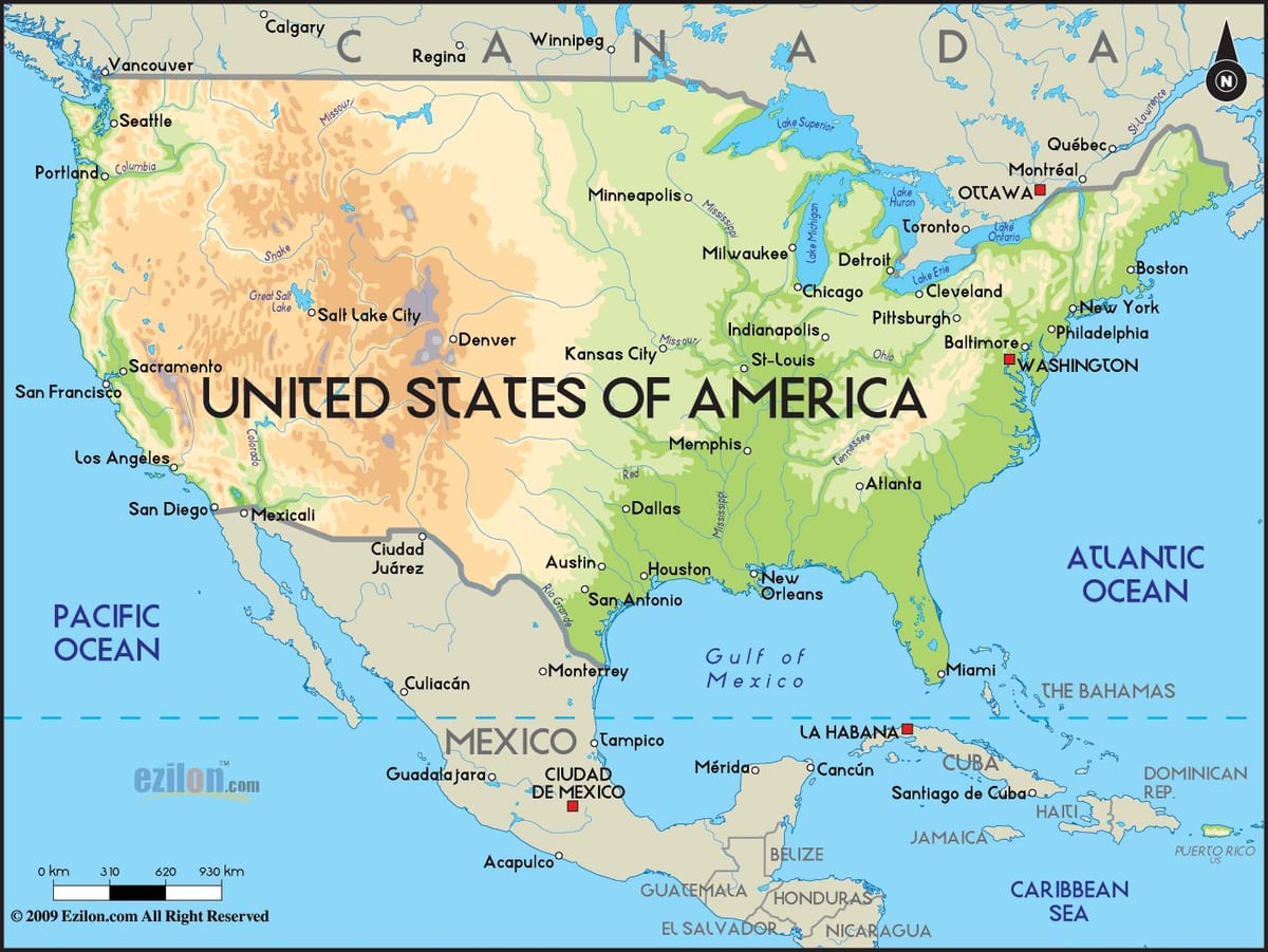 mapa dos estados unidos da américa com oceanos