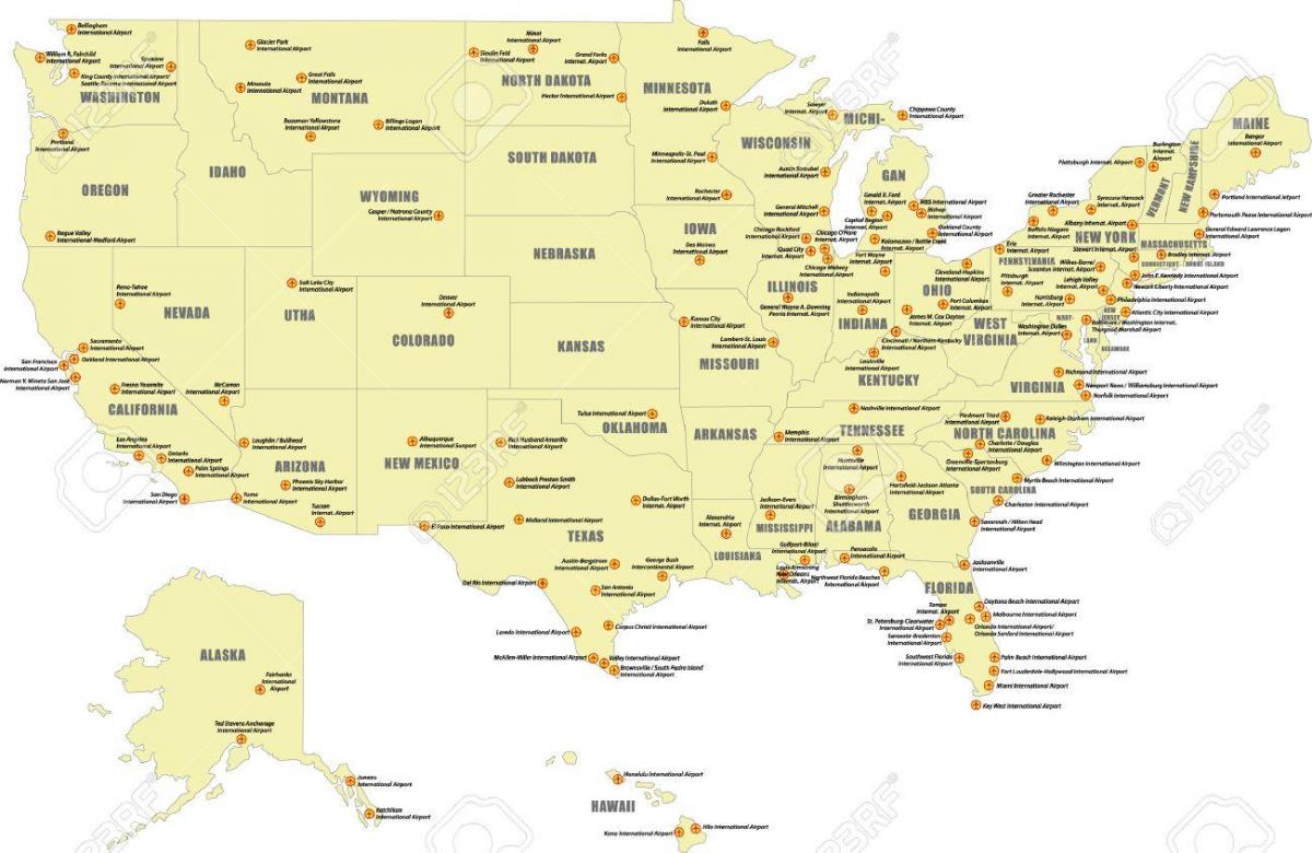 mapa dos principais aeroportos dos EUA