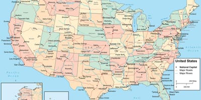 Mapa dos estados unidos da américa com Estados e cidades